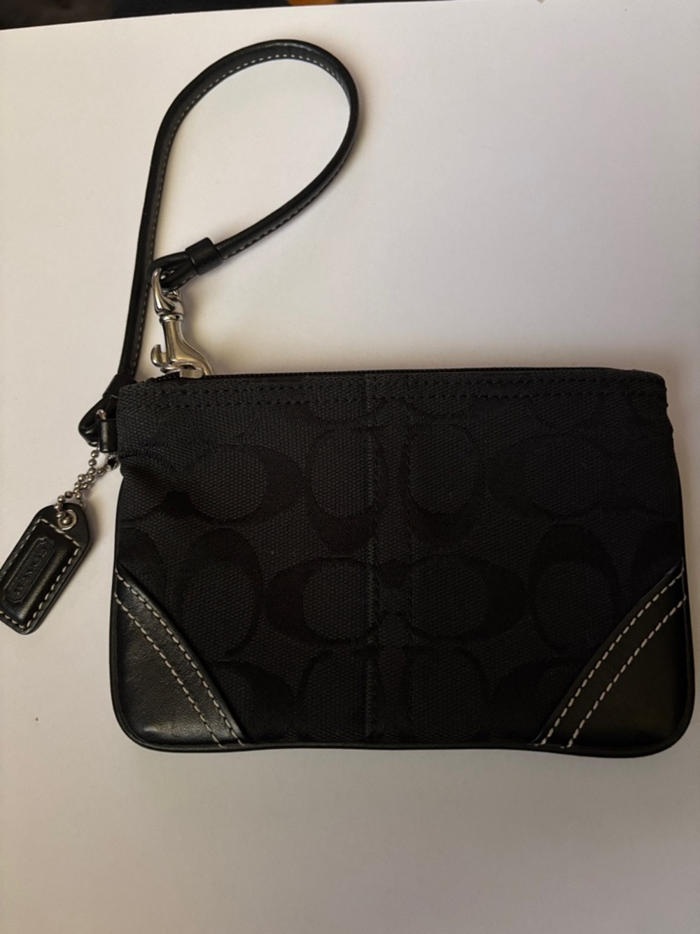Coach Black Signature C Logo Wristlet with Leather Trim
